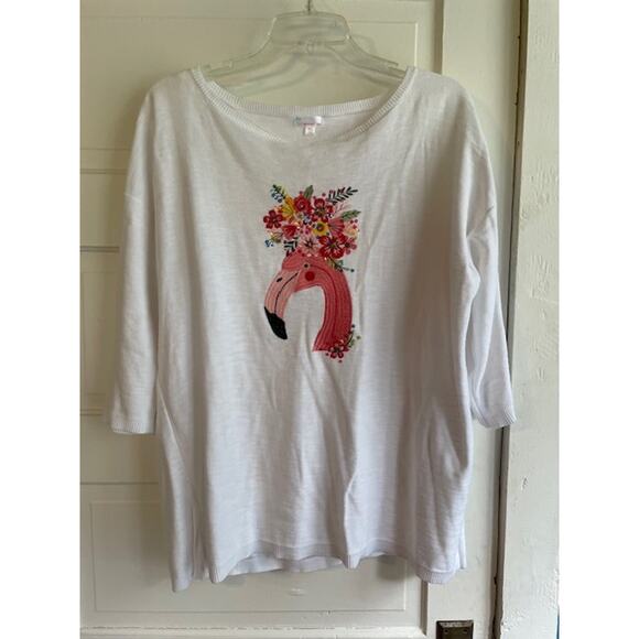 Cabana Bay Size XL White 100% Cotton 1/2 Sleeve Sweater w/ Pink Flamingo Theme - Picture 1 of 5